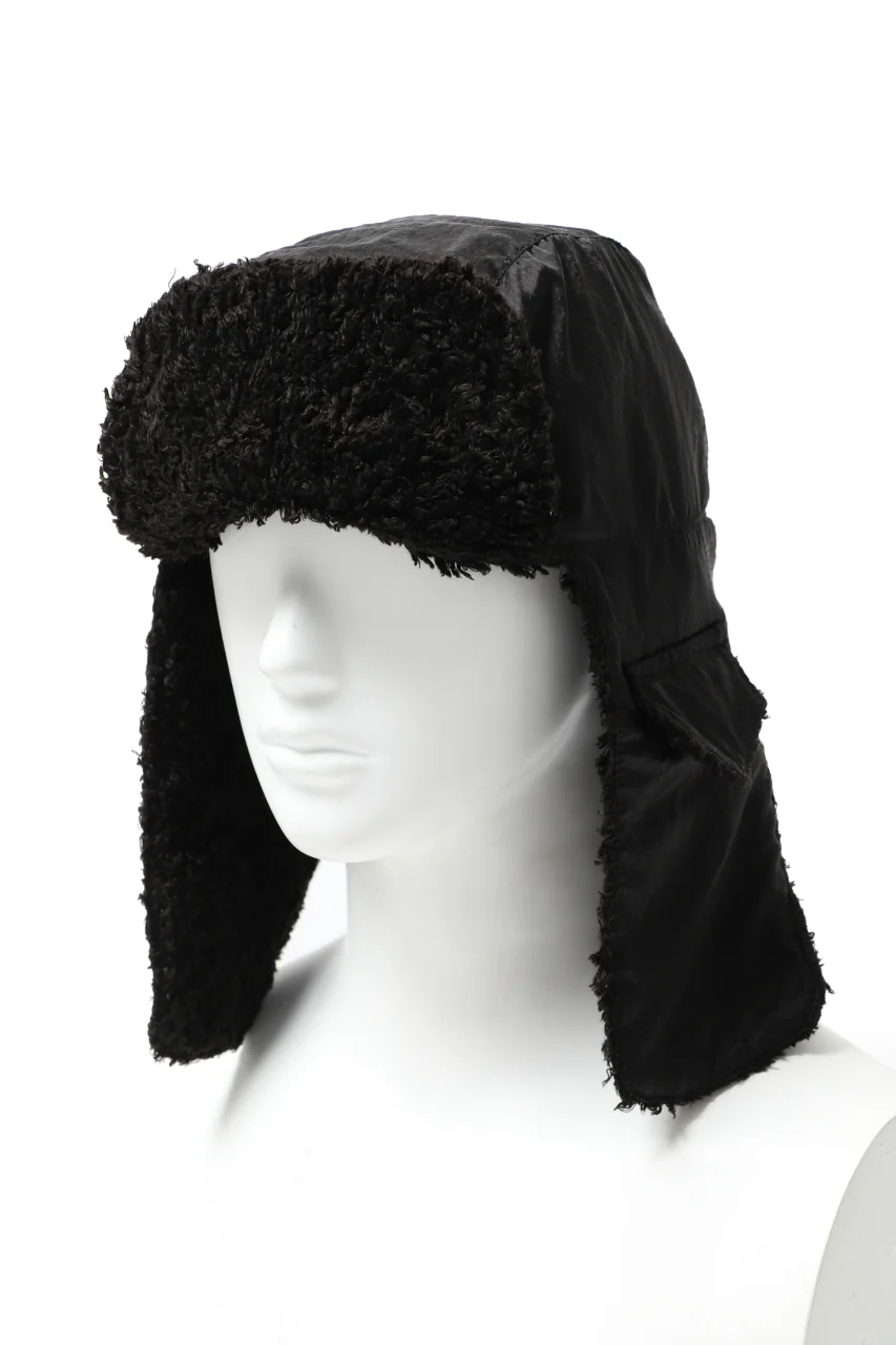 masnada REVERSIBLE TRAPPER HAT / REPURPOSED LINEN FUR AND RIPSTOP (BLACK)