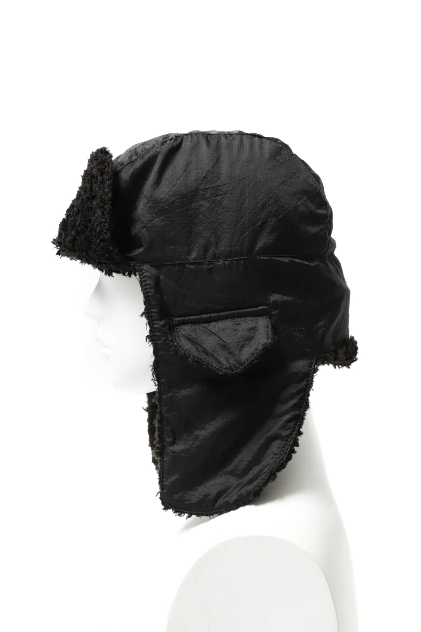 masnada REVERSIBLE TRAPPER HAT / REPURPOSED LINEN FUR AND RIPSTOP (BLACK) - Image 3