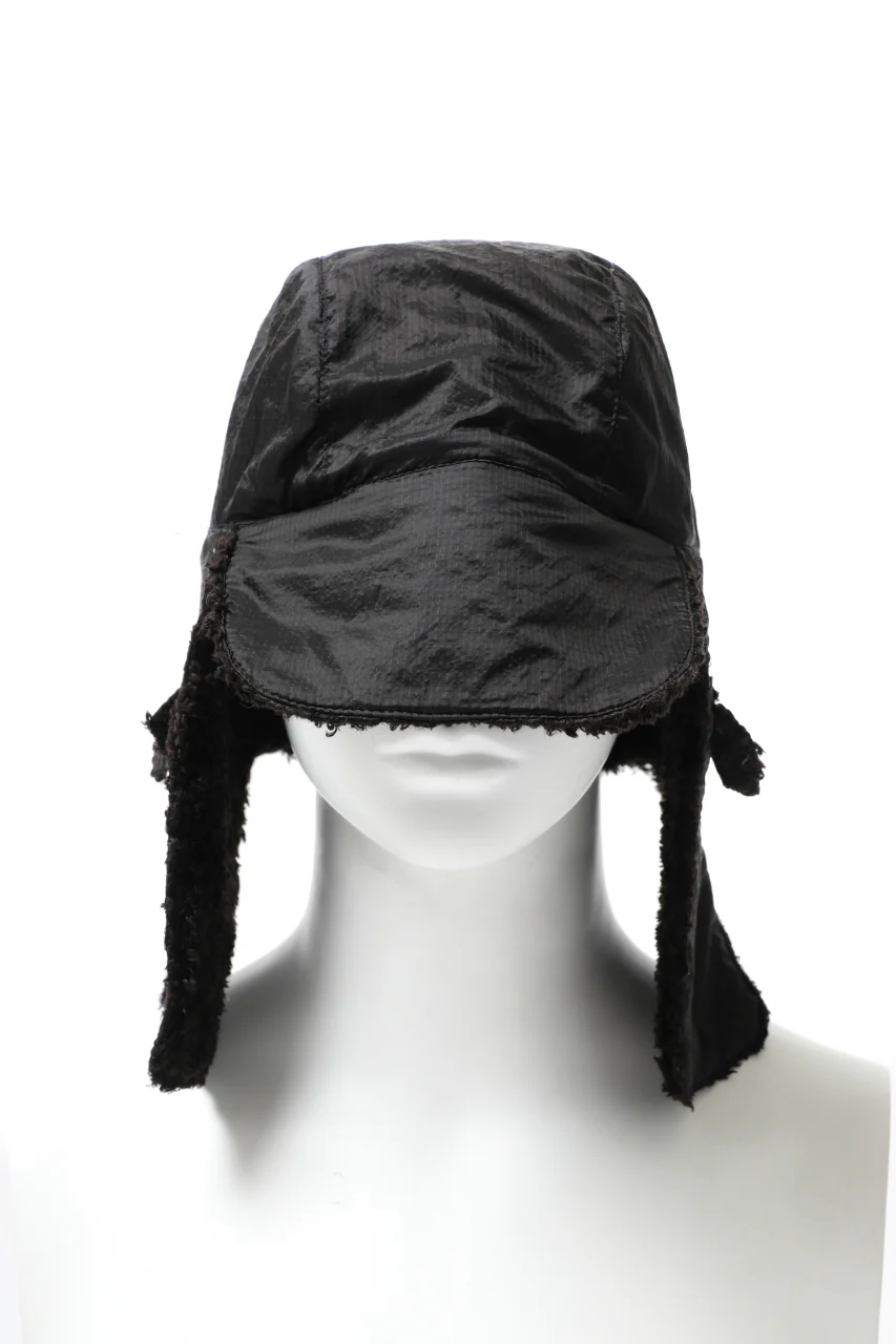 masnada REVERSIBLE TRAPPER HAT / REPURPOSED LINEN FUR AND RIPSTOP (BLACK) - Image 4