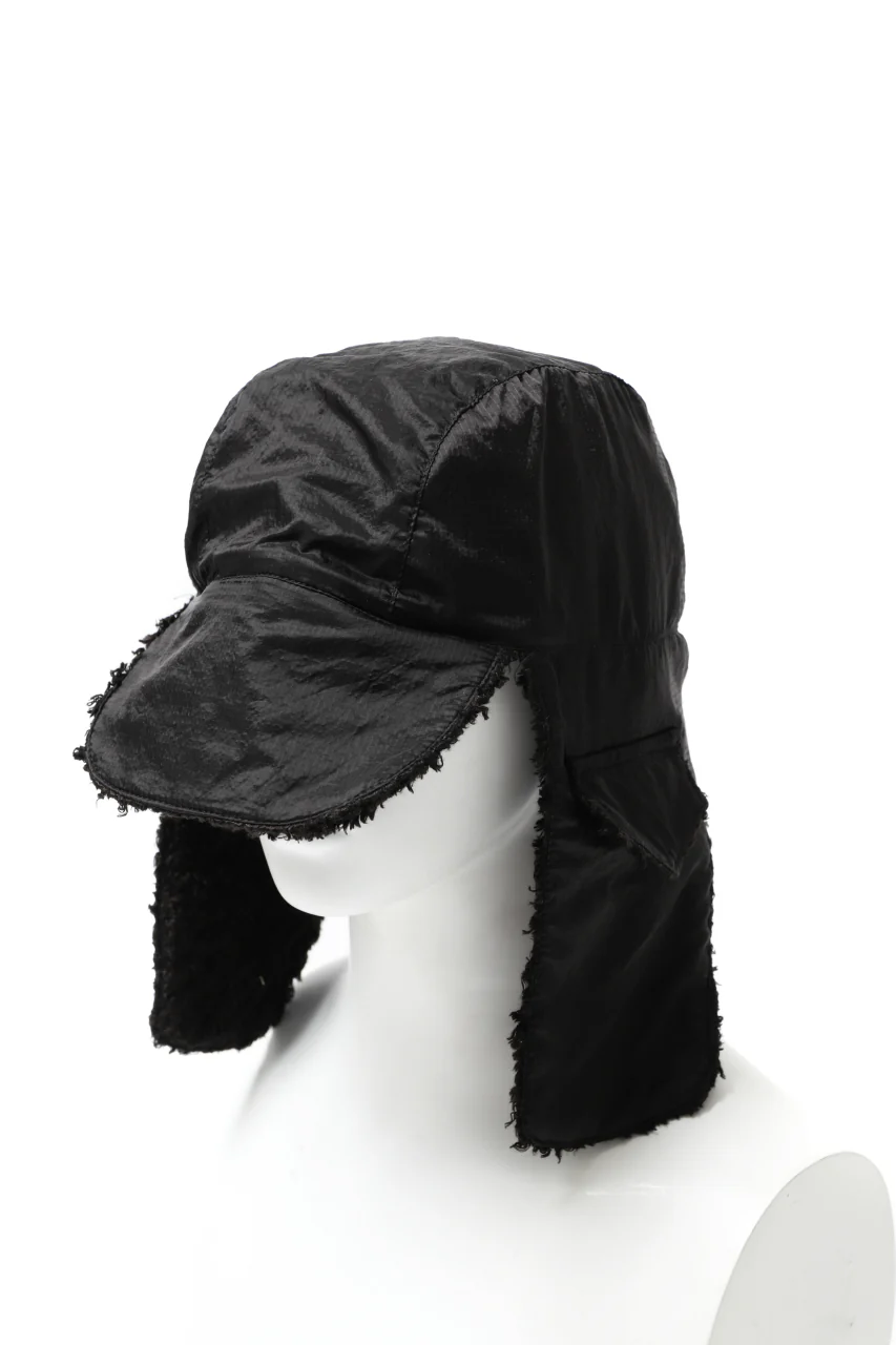 masnada REVERSIBLE TRAPPER HAT / REPURPOSED LINEN FUR AND RIPSTOP (BLACK) - Image 5