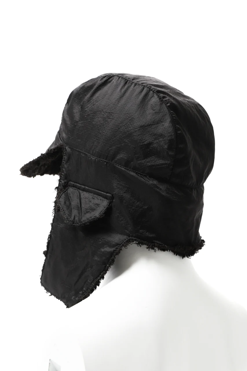 masnada REVERSIBLE TRAPPER HAT / REPURPOSED LINEN FUR AND RIPSTOP (BLACK) - Image 6