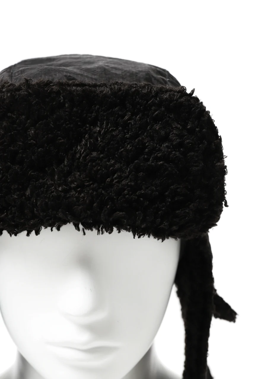 masnada REVERSIBLE TRAPPER HAT / REPURPOSED LINEN FUR AND RIPSTOP (BLACK) - Image 9