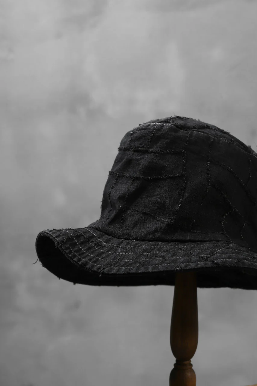 masnada SALVAGE BUCKET HAT /NEEDLED COTTON LINEN (BLACK) - Image 9