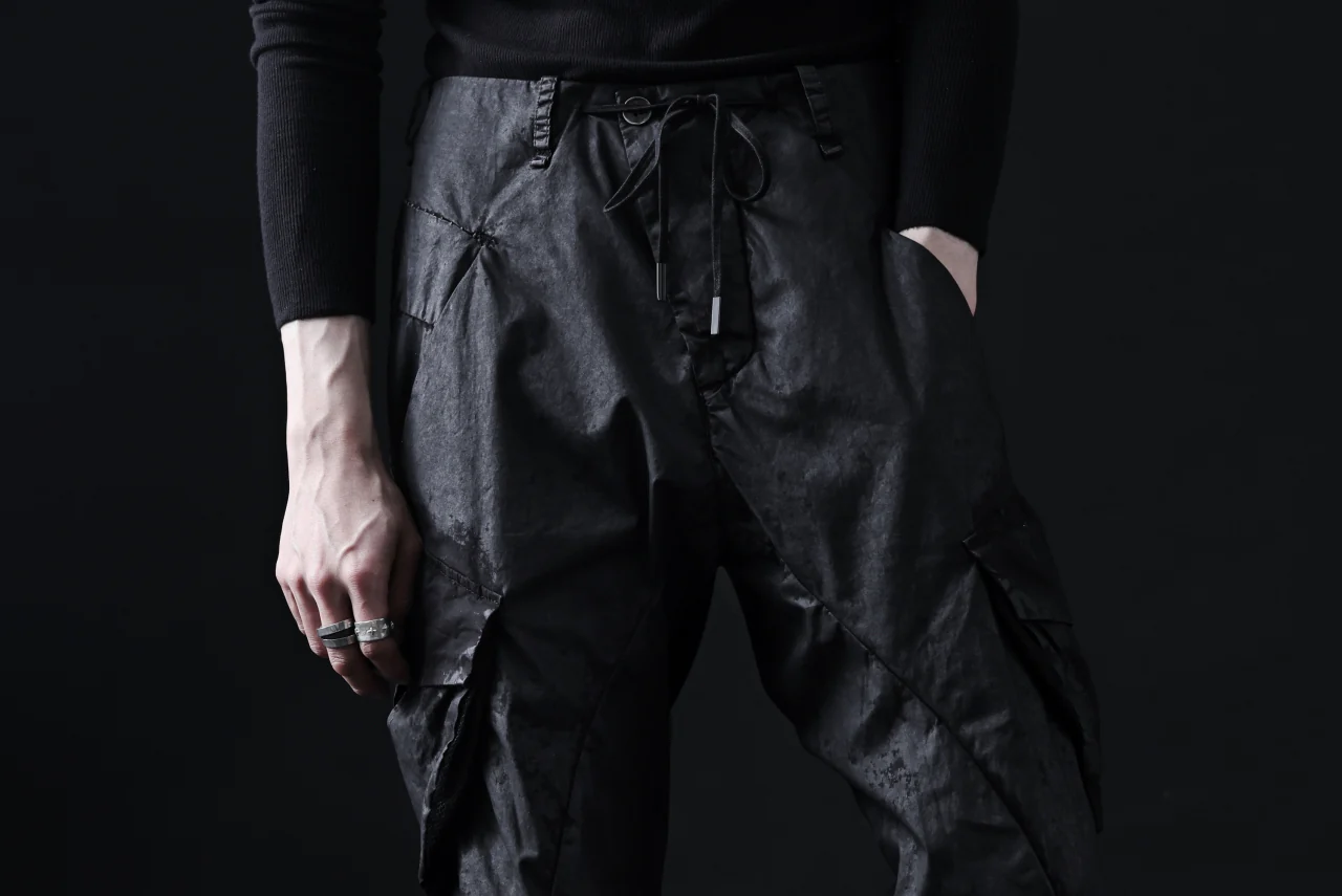 masnada VENTILATED BAGGY COMBAT PANTS / STRETCH PAPER POPELINE (SMEARED BLACK) - Image 47