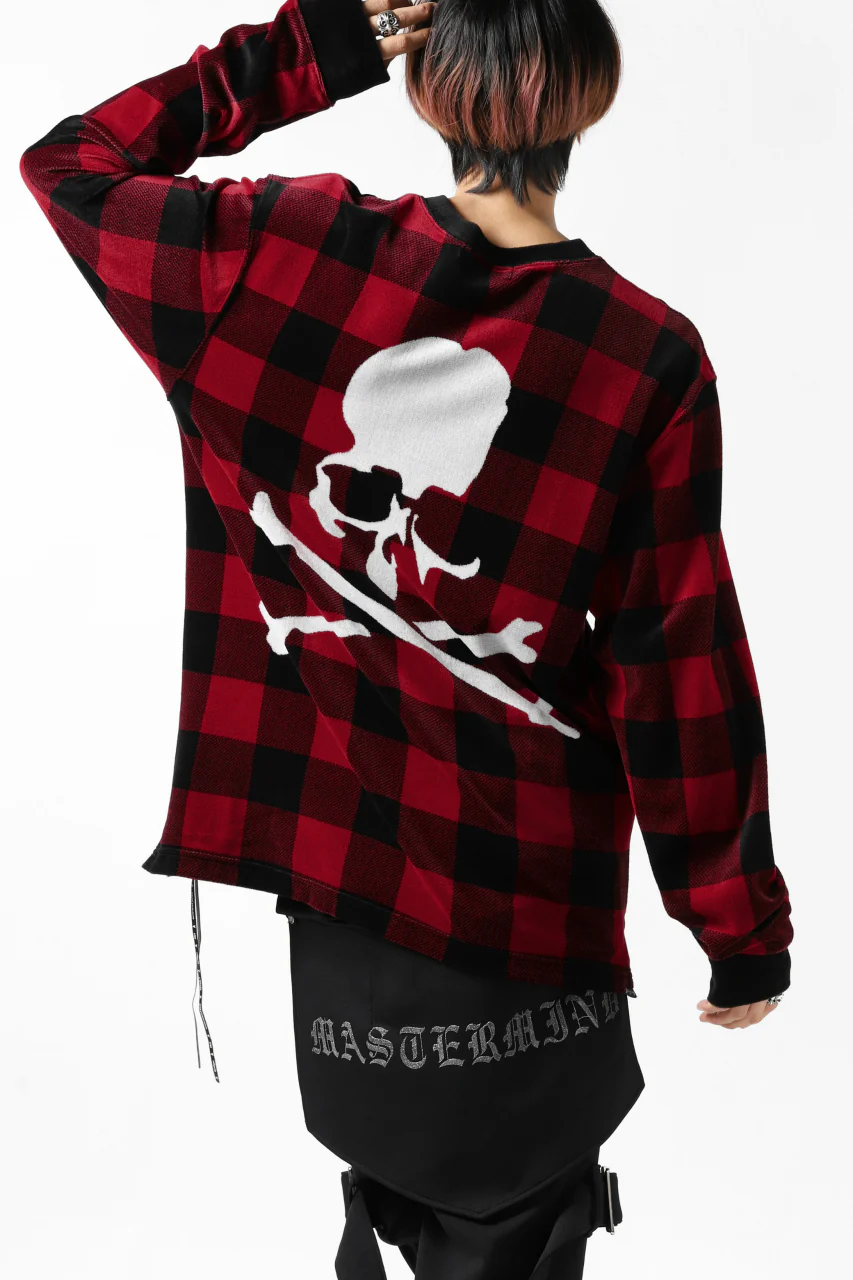 mastermind JAPAN BLOCK CHECK LS TOPS / JACQUARD VELOUR (RED) - Image 3