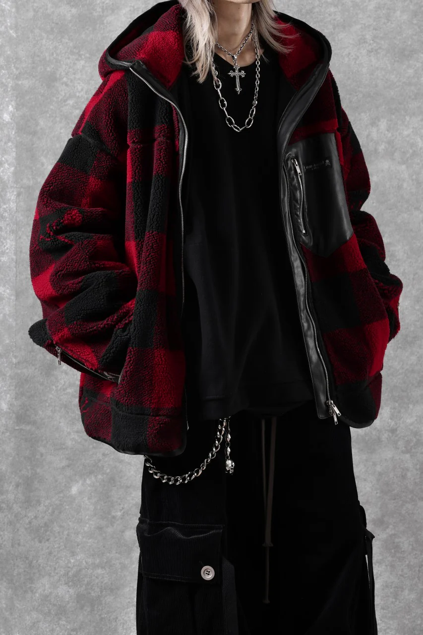 mastermind JAPAN BUFFALO-PLAID SHERPA JACKET / BOXY FIT (BLACK x RED) - Image 49