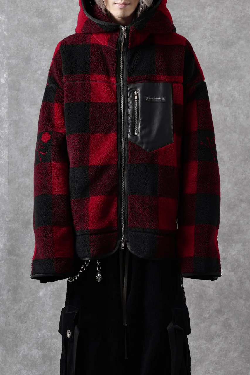 mastermind JAPAN BUFFALO-PLAID SHERPA JACKET / BOXY FIT (BLACK x RED) - Image 5