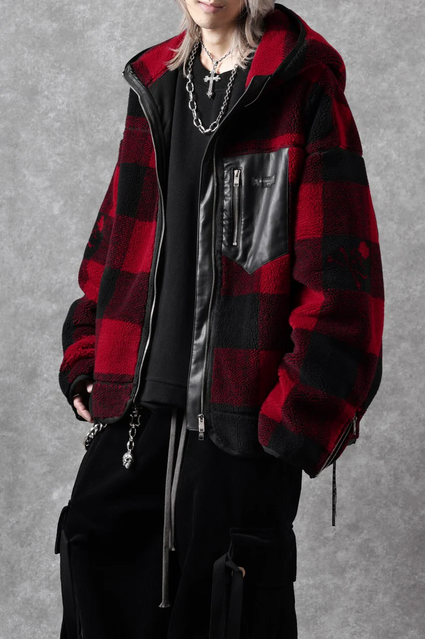 mastermind JAPAN BUFFALO-PLAID SHERPA JACKET / BOXY FIT (BLACK x RED) - Image 50