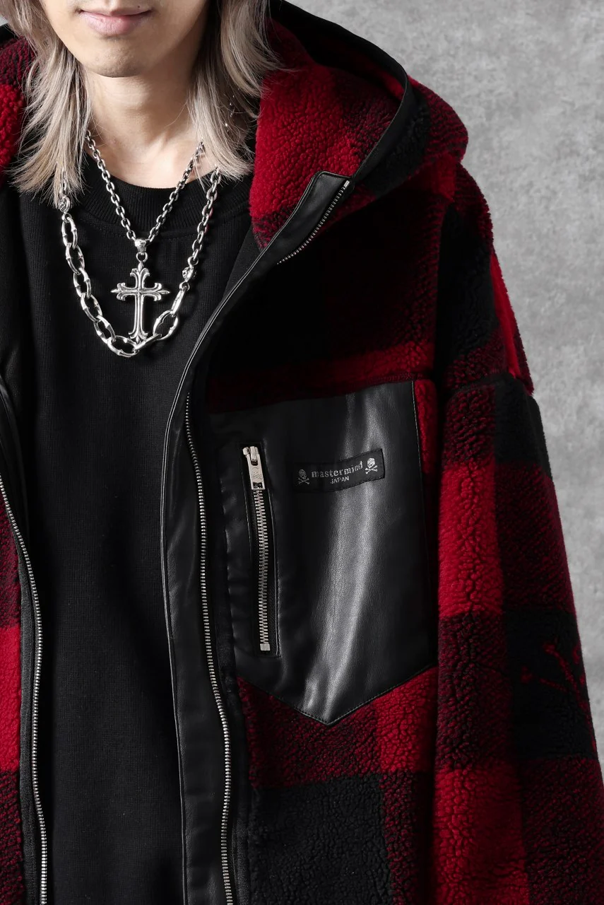 mastermind JAPAN BUFFALO-PLAID SHERPA JACKET / BOXY FIT (BLACK x RED) - Image 58