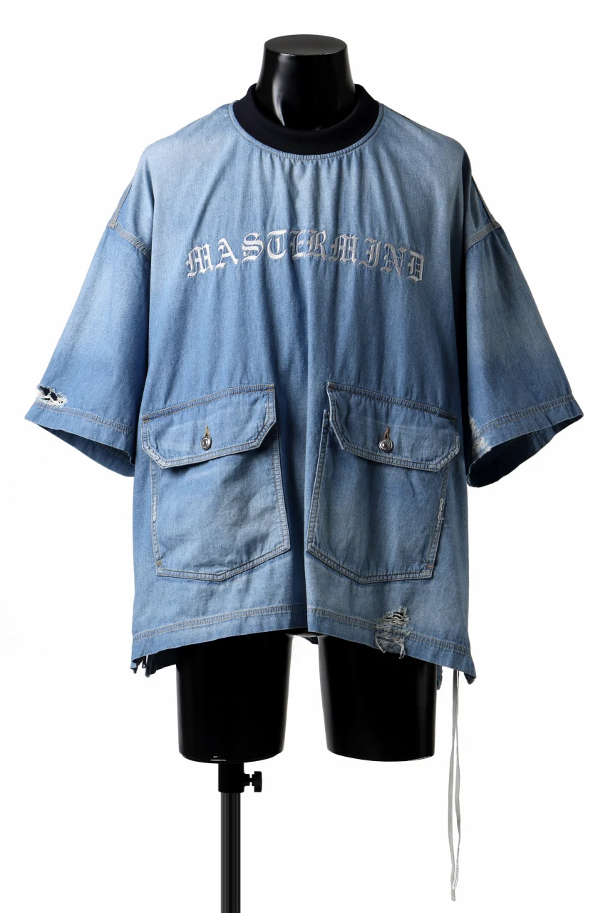 mastermind JAPAN DISTRESSED SS PULLOVER DENIM SHIRT (INDIGO) - Image 3