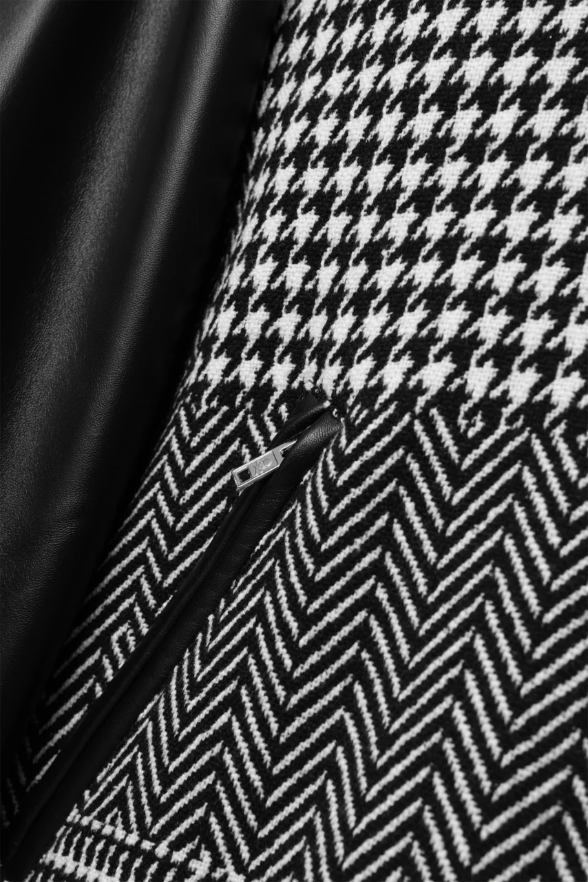 mastermind WORLD HOODED VARSITY JACKET / CASHMERE + LAMB LEATHER + PRIMALOFT (BLACK PLAID) - Image 15