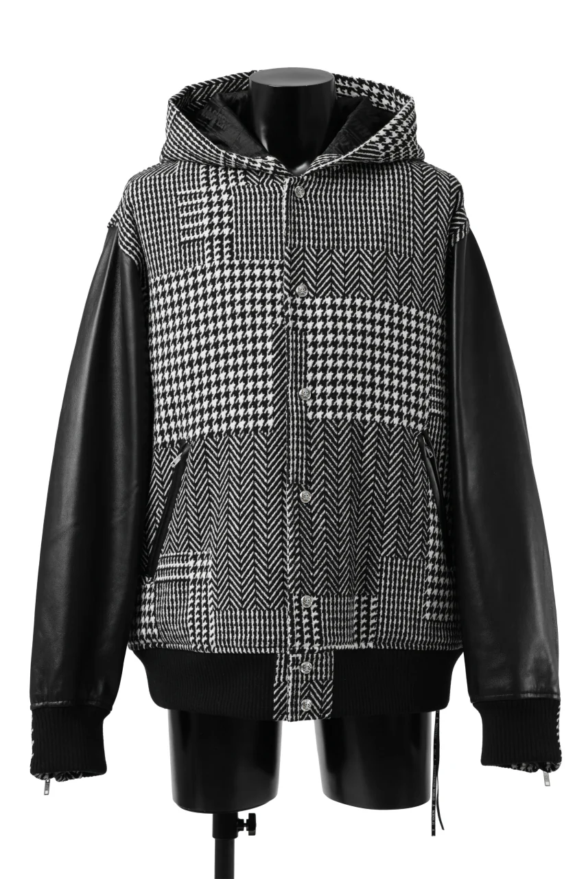 mastermind WORLD HOODED VARSITY JACKET / CASHMERE + LAMB LEATHER + PRIMALOFT (BLACK PLAID) - Image 2