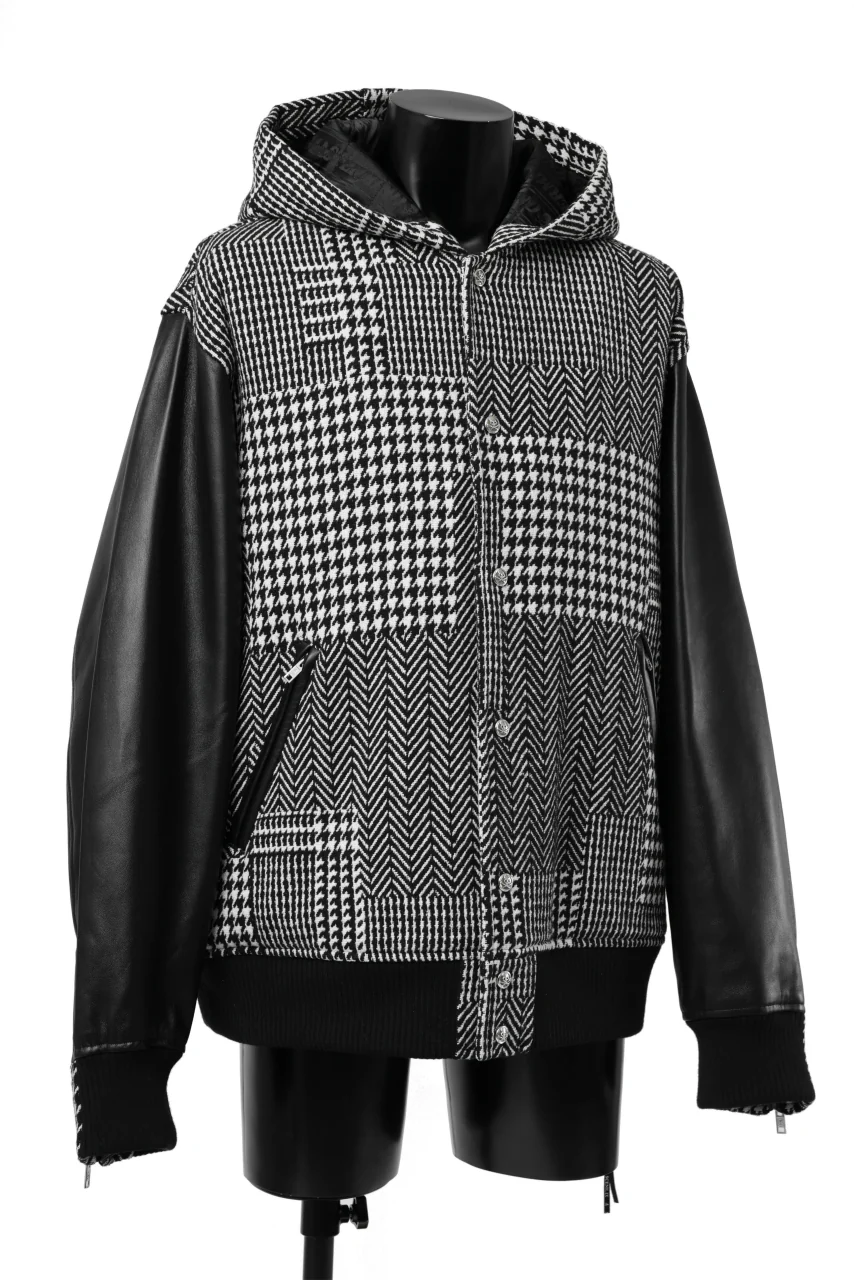 mastermind WORLD HOODED VARSITY JACKET / CASHMERE + LAMB LEATHER + PRIMALOFT (BLACK PLAID) - Image 3