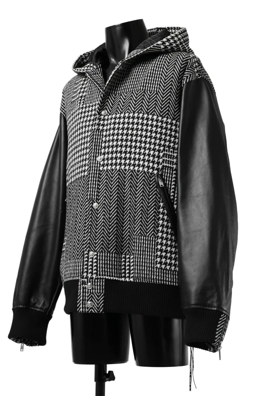 mastermind WORLD HOODED VARSITY JACKET / CASHMERE + LAMB LEATHER + PRIMALOFT (BLACK PLAID) - Image 5