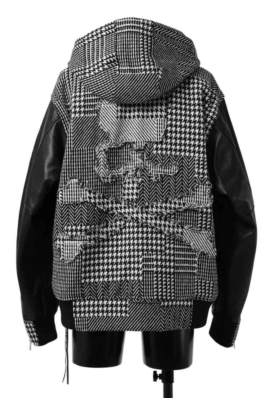 mastermind WORLD HOODED VARSITY JACKET / CASHMERE + LAMB LEATHER + PRIMALOFT (BLACK PLAID) - Image 7