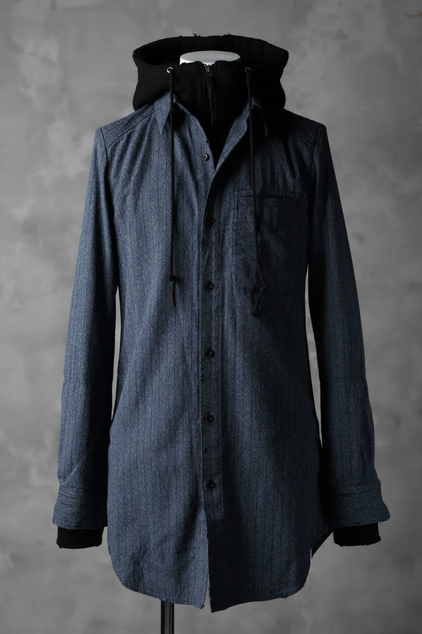 N/07 exclusive Combined Shirt-Jacket [ Stripe Denim×Fleecy Cotton ] (INDIGO STRIPE x BLACK) - Image 2