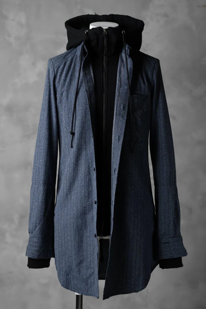 N/07 exclusive Combined Shirt-Jacket [ Stripe Denim×Fleecy Cotton ] (INDIGO STRIPE x BLACK) - Image 3