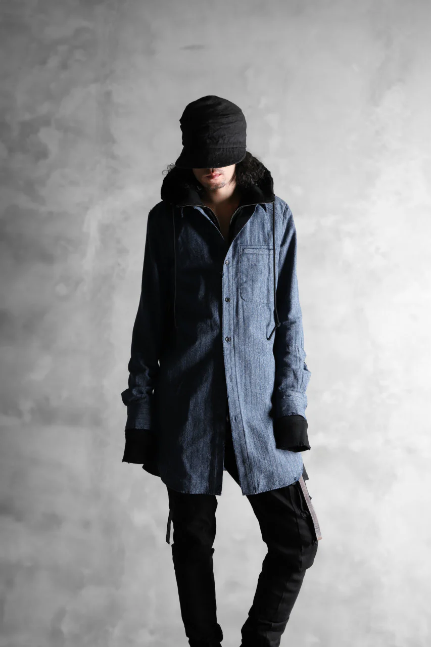 N/07 exclusive Combined Shirt-Jacket [ Stripe Denim×Fleecy Cotton ] (INDIGO STRIPE x BLACK) - Image 35