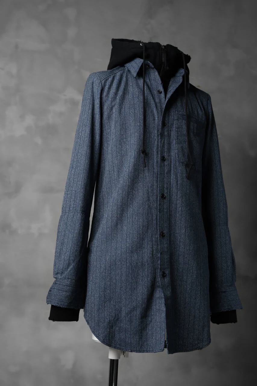 N/07 exclusive Combined Shirt-Jacket [ Stripe Denim×Fleecy Cotton ] (INDIGO STRIPE x BLACK) - Image 5