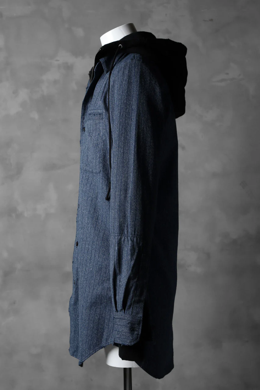 N/07 exclusive Combined Shirt-Jacket [ Stripe Denim×Fleecy Cotton ] (INDIGO STRIPE x BLACK) - Image 7