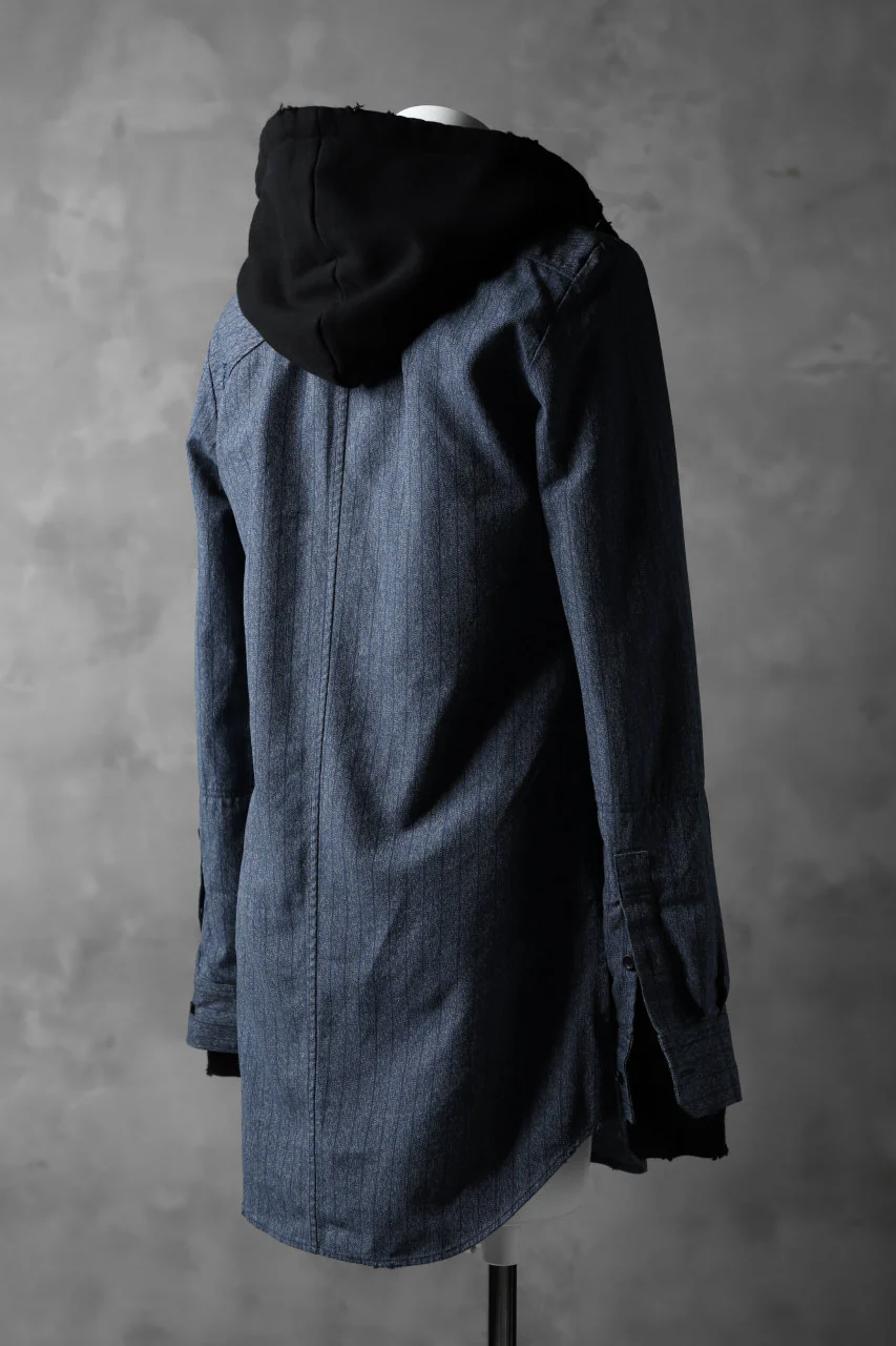 N/07 exclusive Combined Shirt-Jacket [ Stripe Denim×Fleecy Cotton ] (INDIGO STRIPE x BLACK) - Image 8
