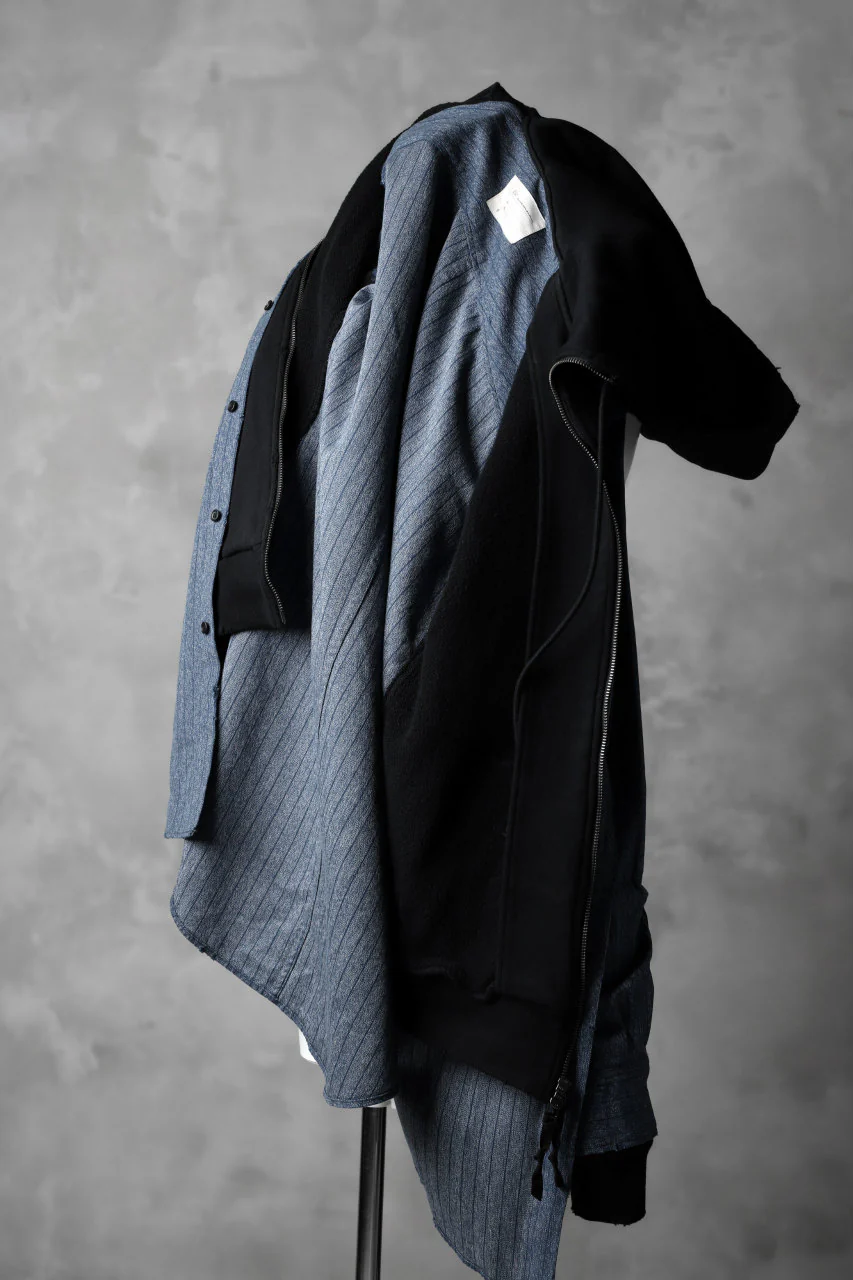 N/07 exclusive Combined Shirt-Jacket [ Stripe Denim×Fleecy Cotton ] (INDIGO STRIPE x BLACK) - Image 9