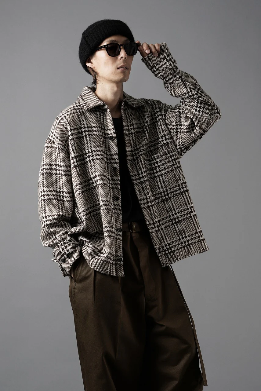 N/07 OPEN COLLAR L/S SHIRT / HOUNDSTOOTH GLEN CHECK (WHITE x BROWN) - Image 16