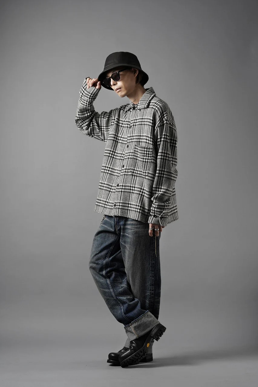 N/07 OPEN COLLAR L/S SHIRT / HOUNDSTOOTH GLEN CHECK (WHITE x GREY) - Image 20