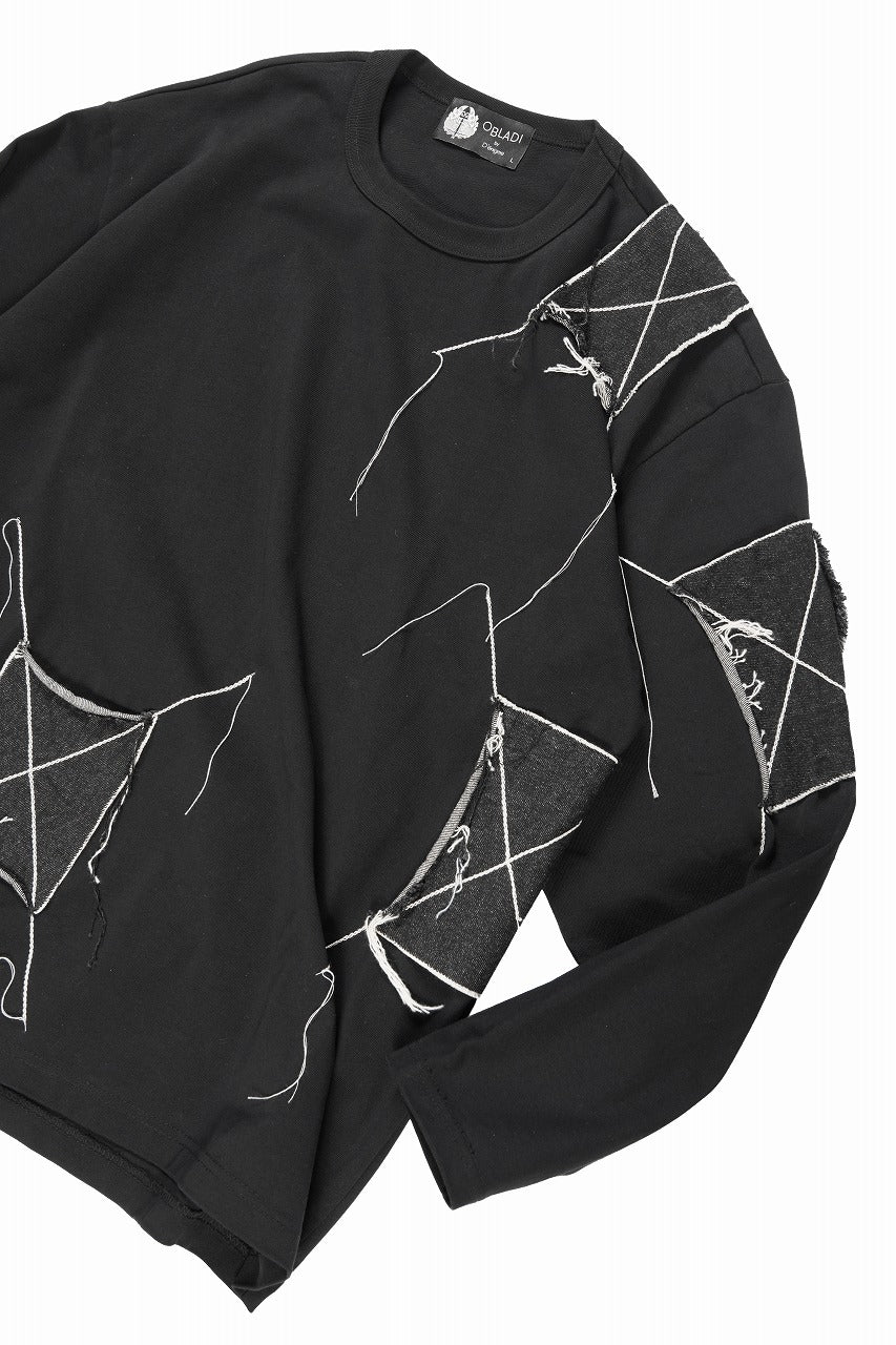 OBLADI DENIM RECTANGLE PATCHWORK LONG SLEEVES T-SHIRT (BLACK) - Image 4