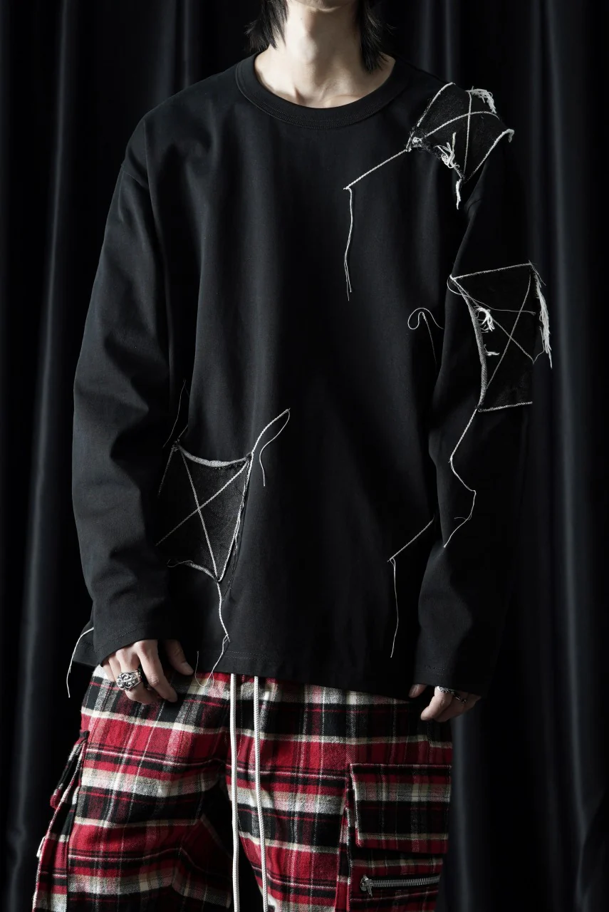 OBLADI DENIM RECTANGLE PATCHWORK LONG SLEEVES T-SHIRT (BLACK) - Image 7