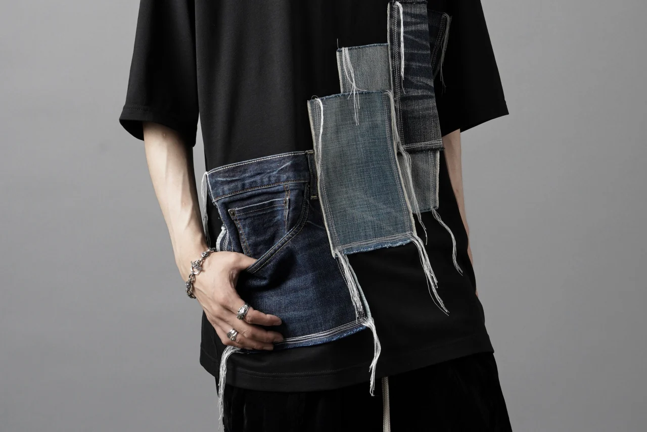 OBLADI POCKET JEANS PATCHWORK T SHIRT (BLACK) - Image 11