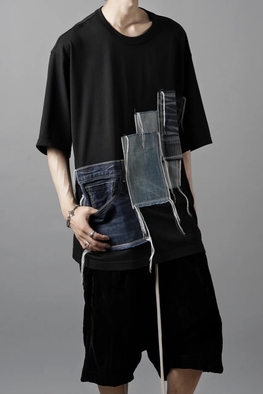OBLADI POCKET JEANS PATCHWORK T SHIRT (BLACK) - Image 4