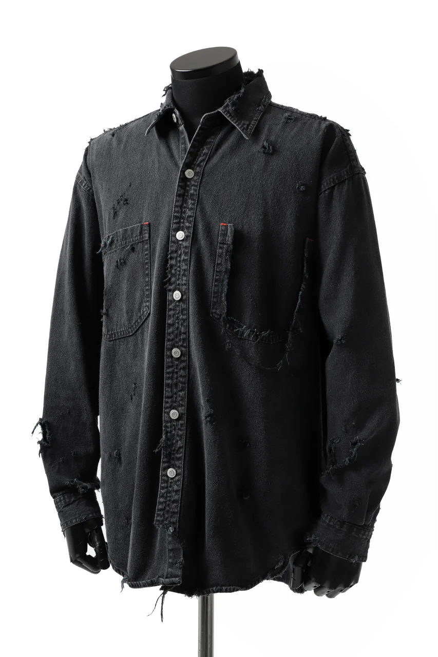 RESURRECTION HANDMADE distressed denim coverall shirt (DYEING BLACK INDIGO) - Image 11