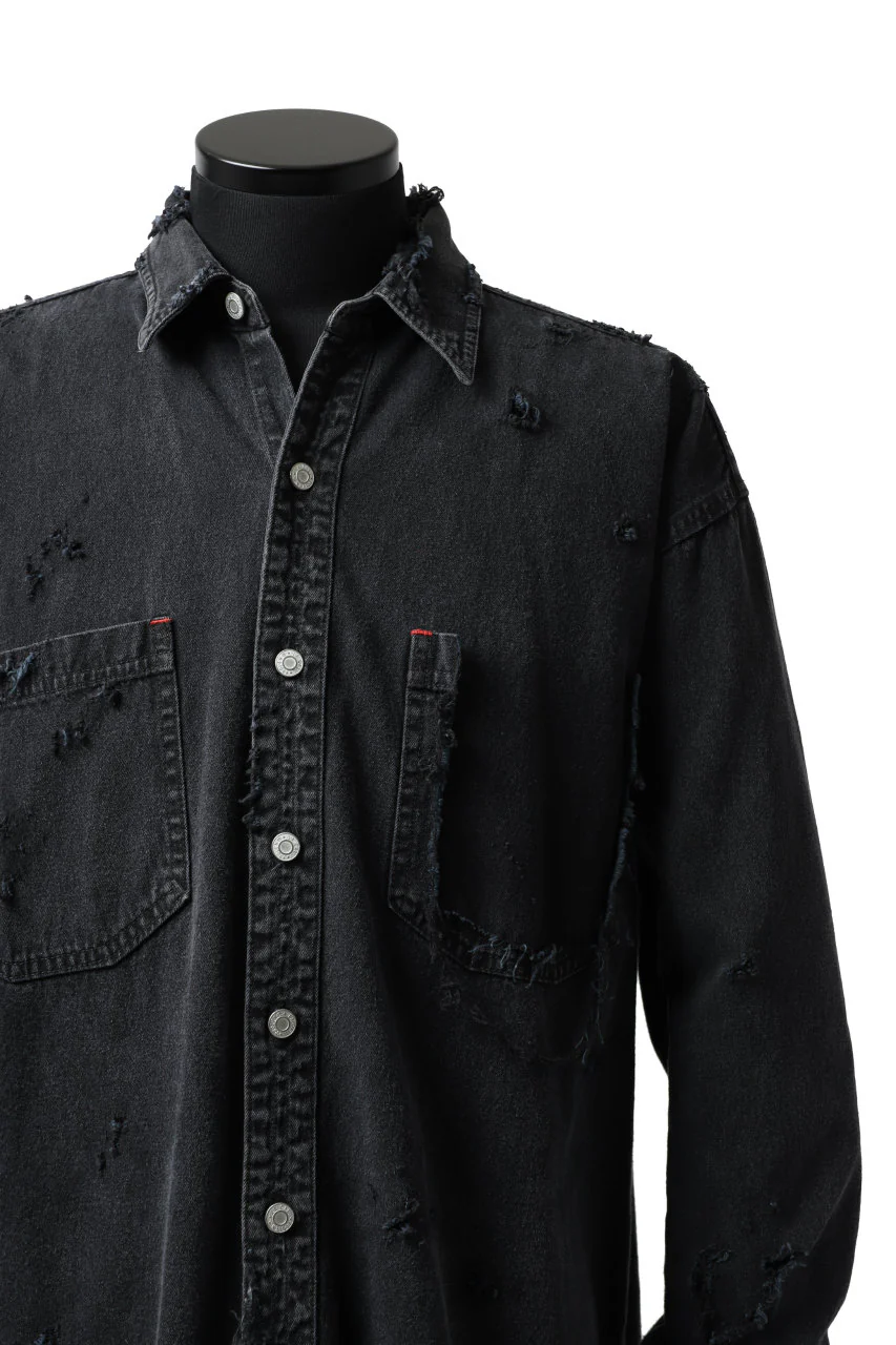 RESURRECTION HANDMADE distressed denim coverall shirt (DYEING BLACK INDIGO) - Image 14