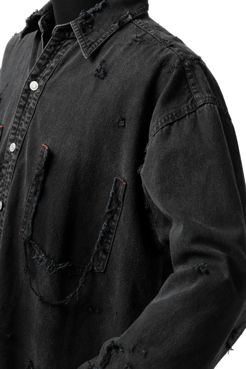 RESURRECTION HANDMADE distressed denim coverall shirt (DYEING BLACK INDIGO) - Image 16