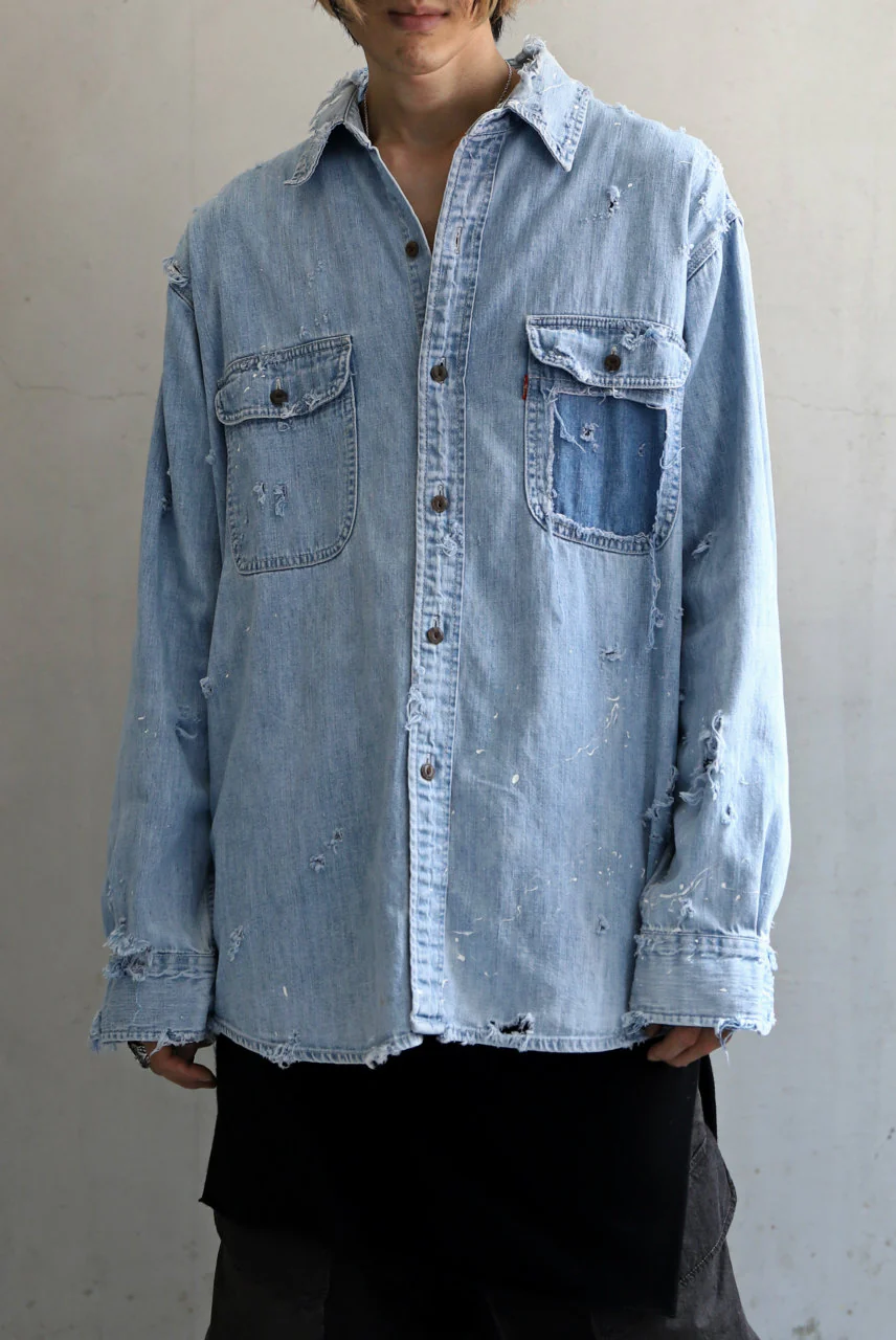 RESURRECTION HANDMADE distressed triple-stitch denim shirt (LIGHT BLUE) - Image 3