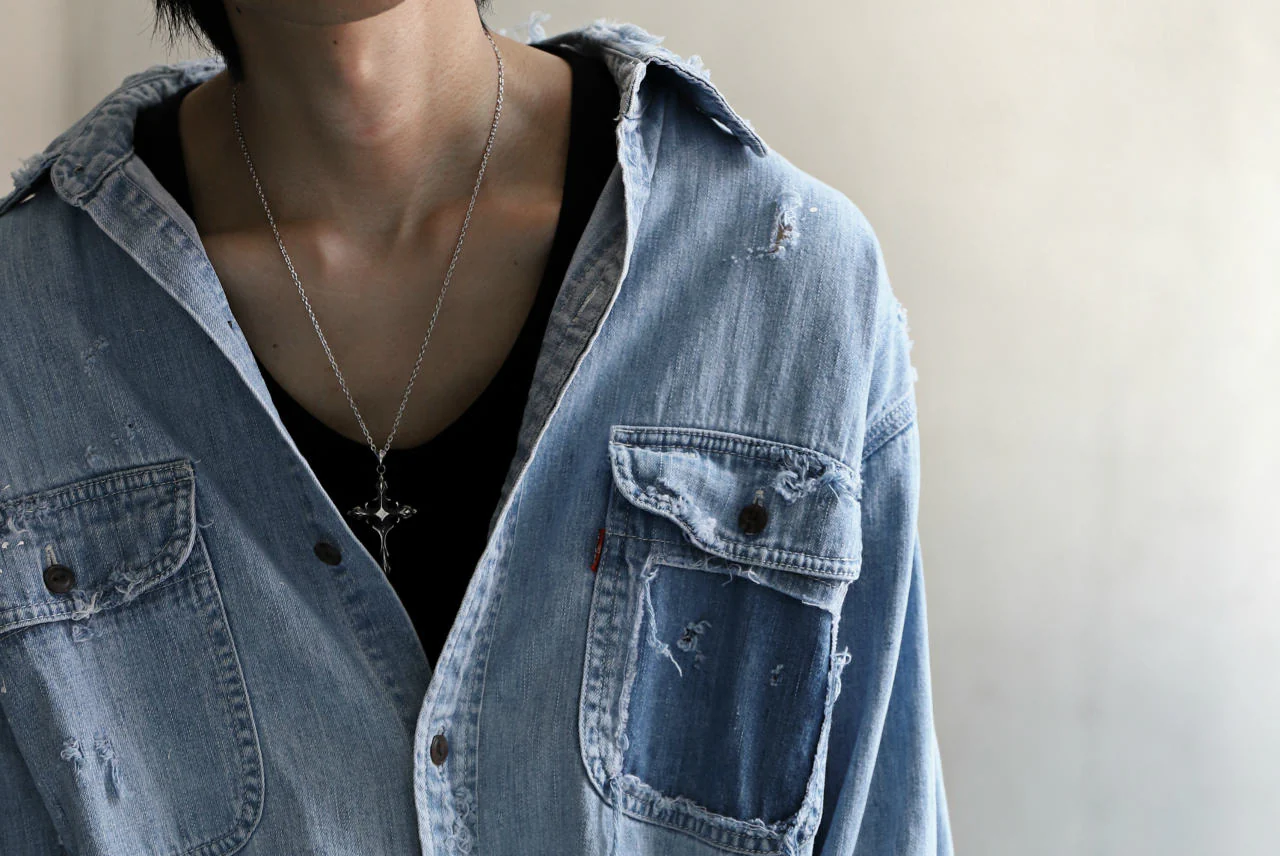 RESURRECTION HANDMADE distressed triple-stitch denim shirt (LIGHT BLUE) - Image 34