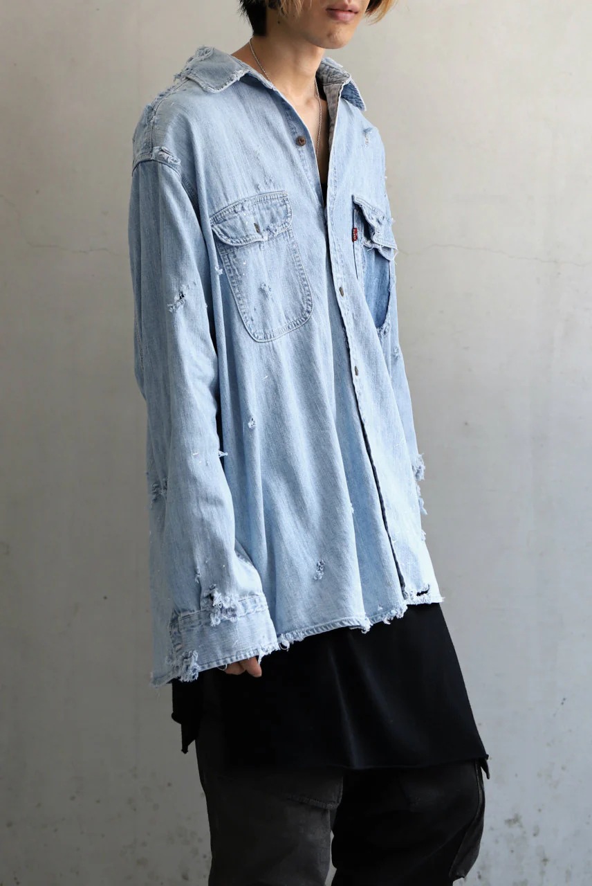RESURRECTION HANDMADE distressed triple-stitch denim shirt (LIGHT BLUE) - Image 5