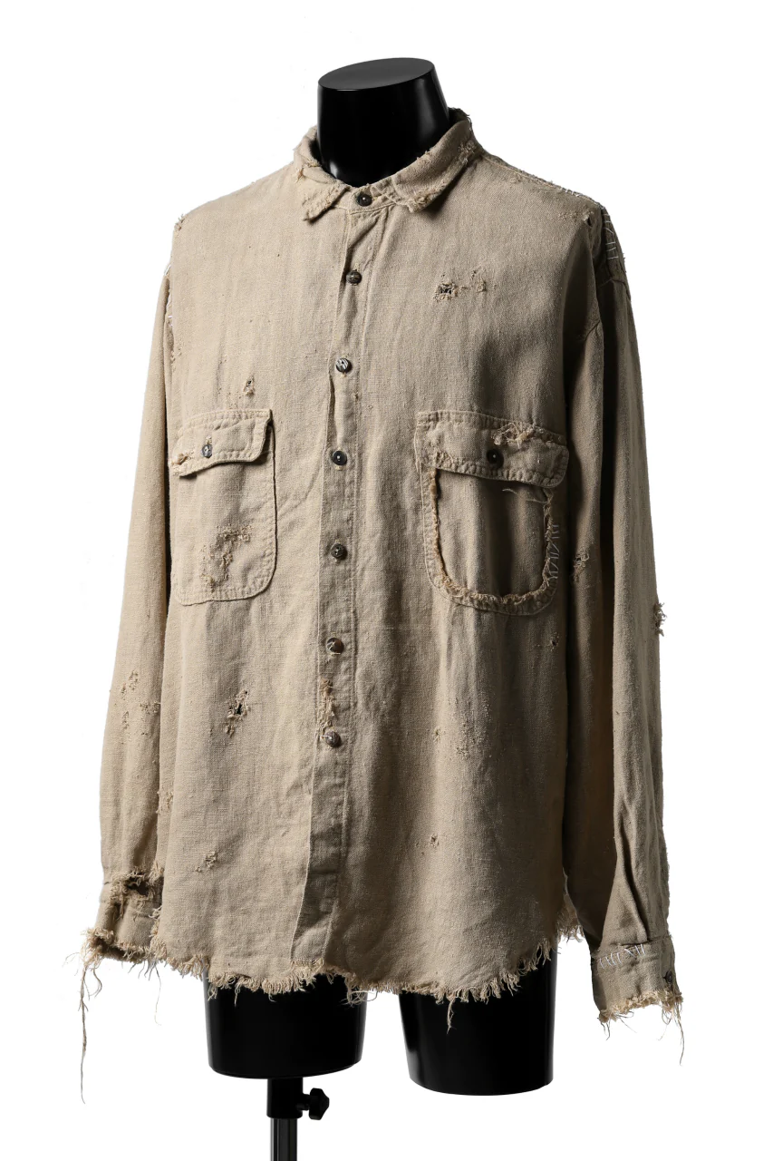 RESURRECTION HANDMADE vintage damage linen work shirt (SAND BEIGE) - Image 3