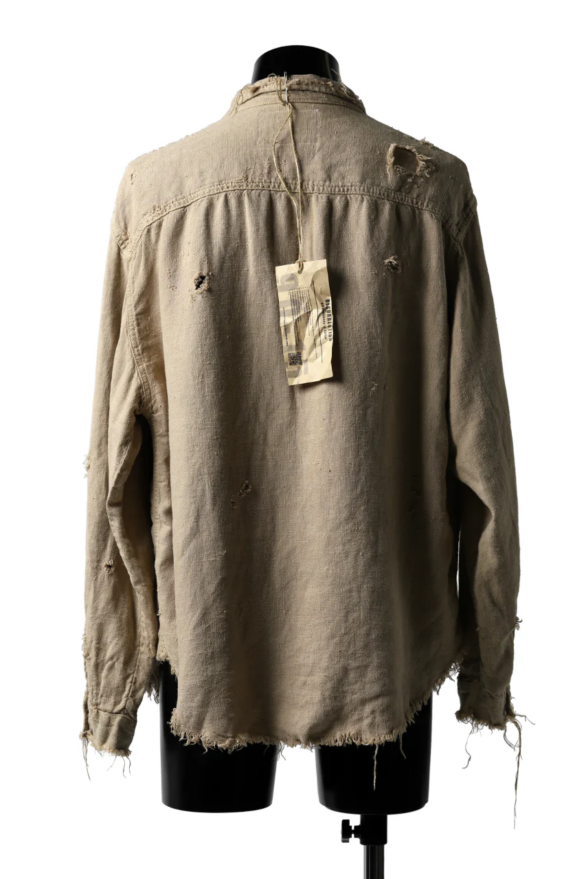RESURRECTION HANDMADE vintage damage linen work shirt (SAND BEIGE) - Image 4