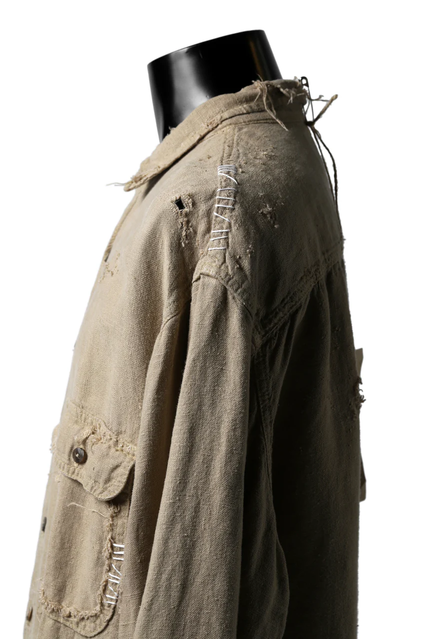 RESURRECTION HANDMADE vintage damage linen work shirt (SAND BEIGE) - Image 9