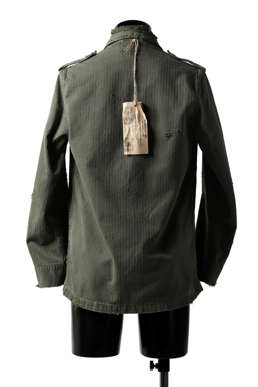 RESURRECTION HANDMADE vintage damage military herringbone shirt (KHAKI GREEN) - Image 10