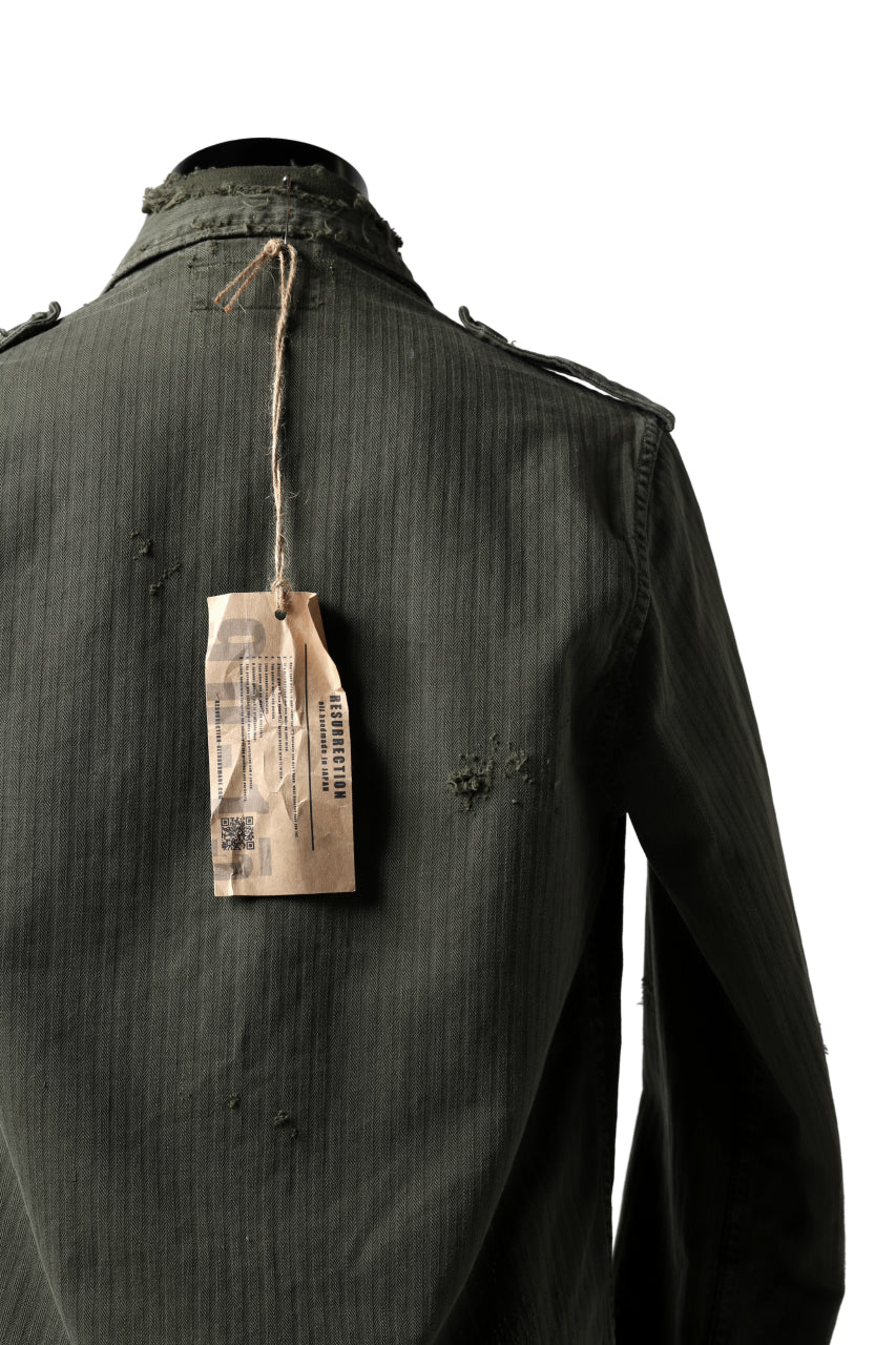 RESURRECTION HANDMADE vintage damage military herringbone shirt (KHAKI GREEN) - Image 11