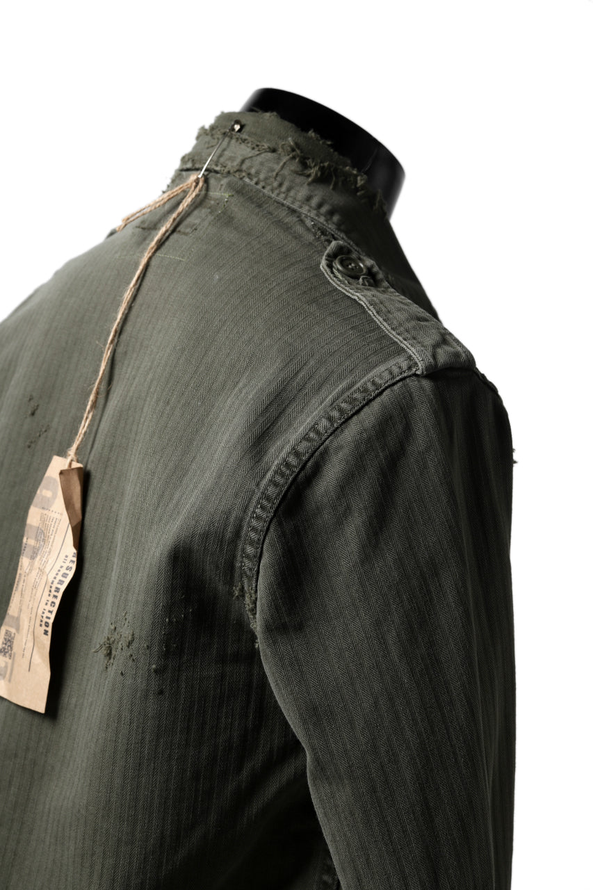 RESURRECTION HANDMADE vintage damage military herringbone shirt (KHAKI GREEN) - Image 12