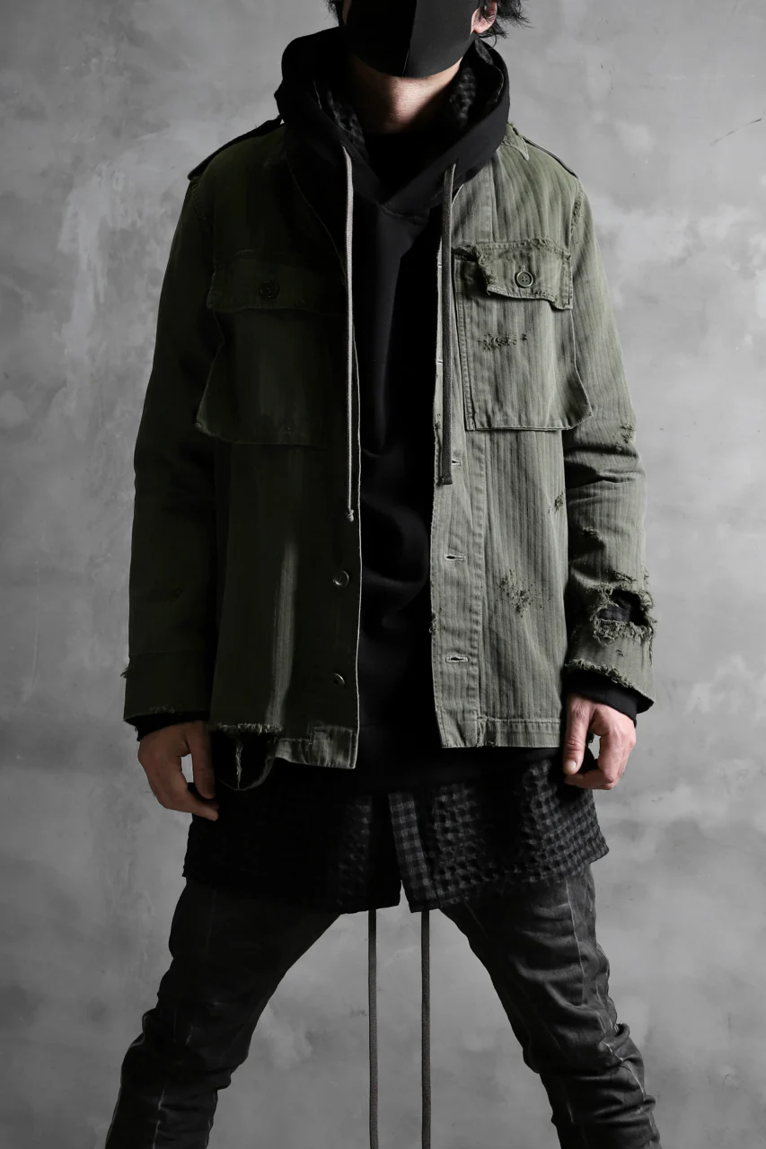 RESURRECTION HANDMADE vintage damage military herringbone shirt (KHAKI GREEN) - Image 13