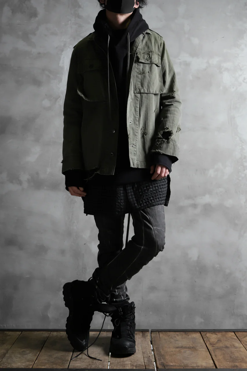 RESURRECTION HANDMADE vintage damage military herringbone shirt (KHAKI GREEN) - Image 15