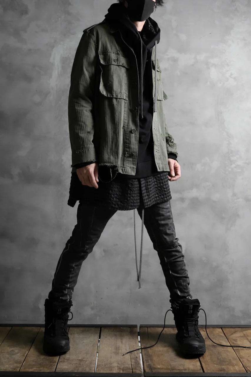 RESURRECTION HANDMADE vintage damage military herringbone shirt (KHAKI GREEN) - Image 16