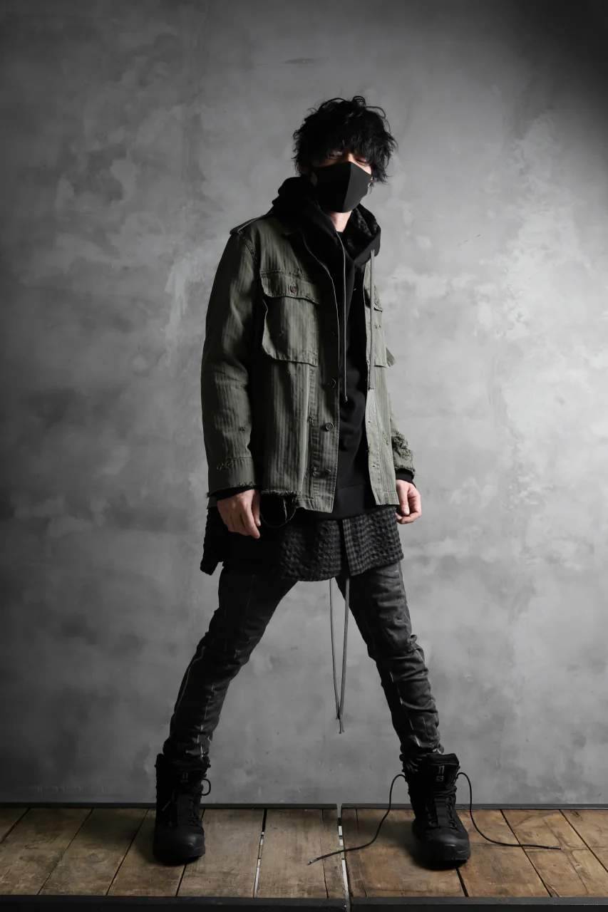 RESURRECTION HANDMADE vintage damage military herringbone shirt (KHAKI GREEN) - Image 17
