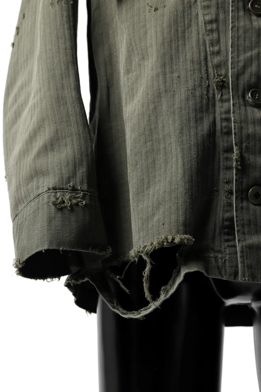 RESURRECTION HANDMADE vintage damage military herringbone shirt (KHAKI GREEN) - Image 5
