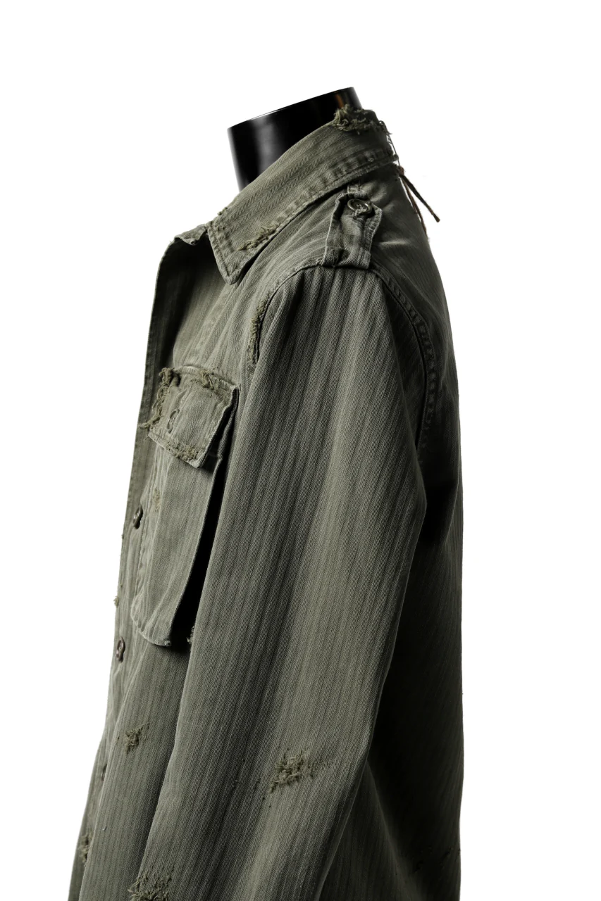 RESURRECTION HANDMADE vintage damage military herringbone shirt (KHAKI GREEN) - Image 8